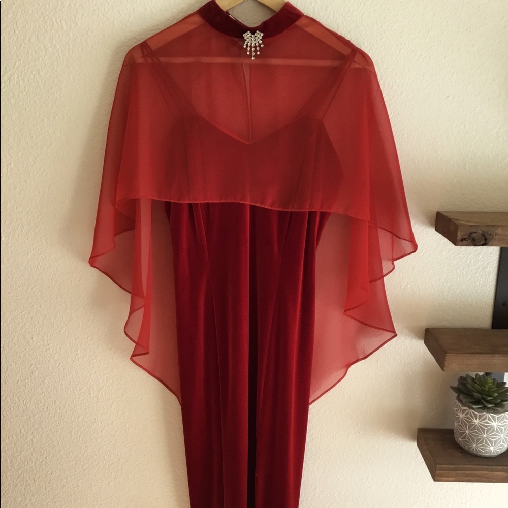 Rebecca red dress with sheer hi-low cape